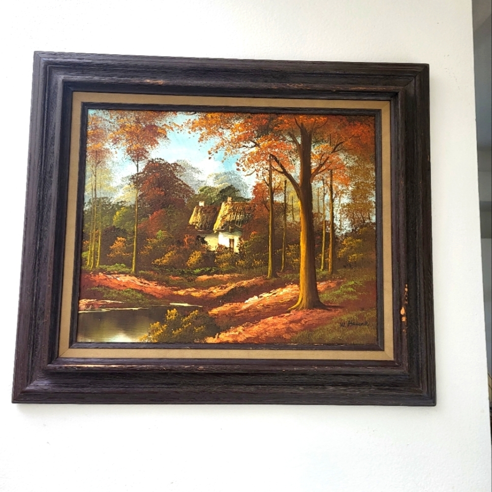 Original Art fall wood painting with frame